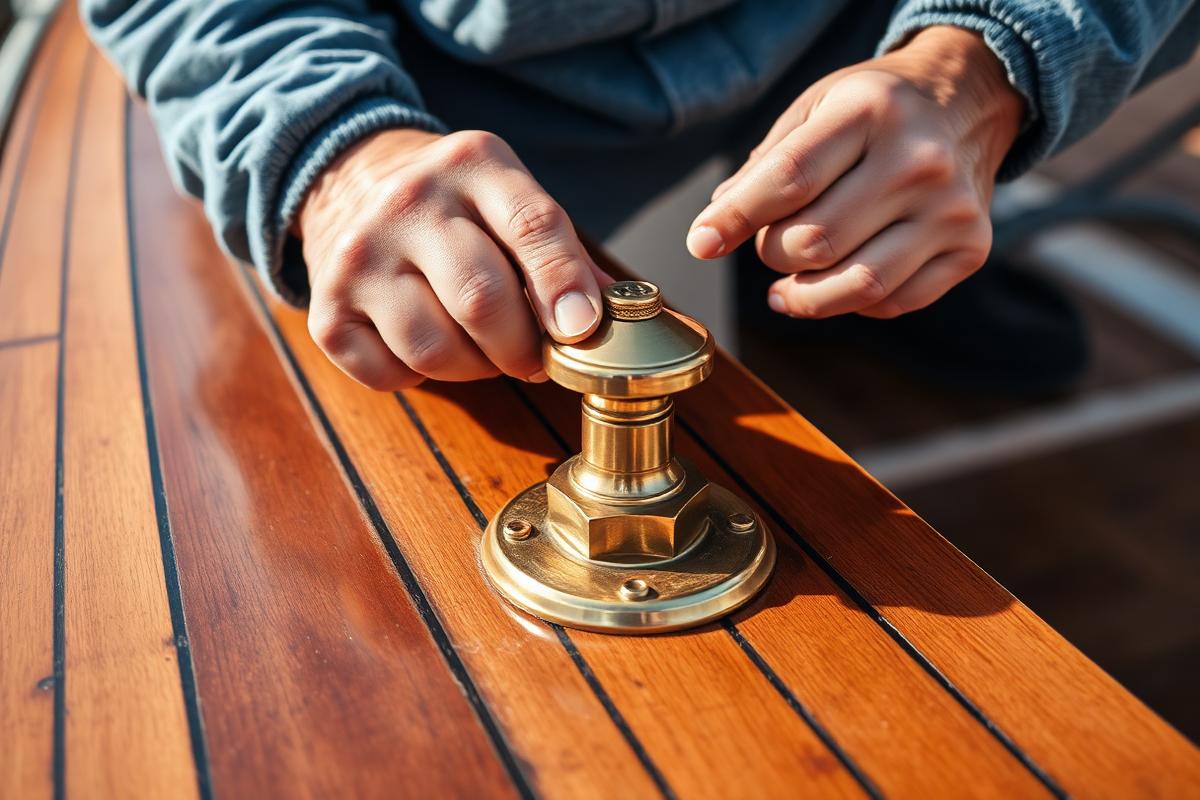 Booteigenaar poetst een messing bolder op een houten dek